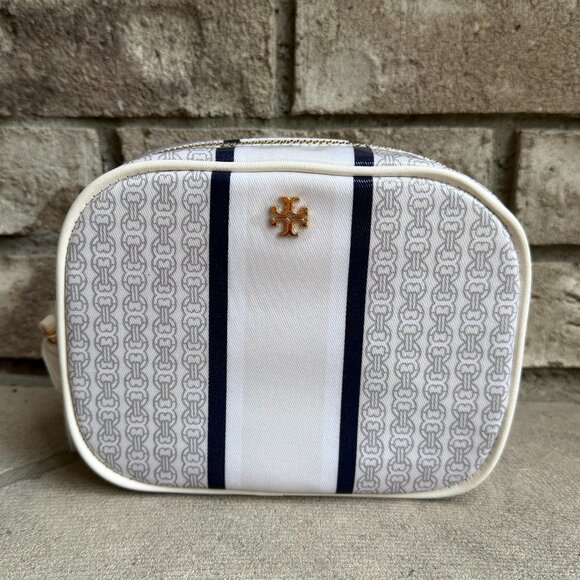 TORY BURCH GEMINI LINK COSMETIC CASE IVORY GEMINI LINK STRIPE 34399 New - Picture 2 of 13
